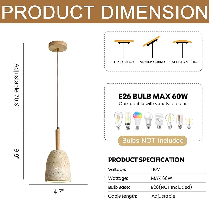 Japanese Style Wabi Sabi Stone Shade Pendant Lamp, Modern Wood Pendant Light, Bedroom Bedside Pendant Light for Living Room Dining Room Table Ceiling Hanging Lamp