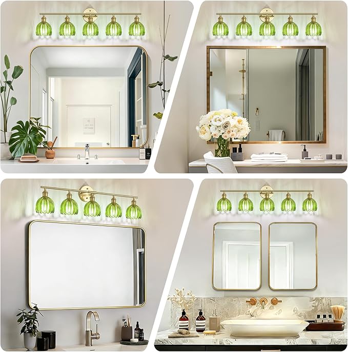 Vintage Bathroom Light Fixtures,5-Light Hardwired Vanity Lights with Green Tulip Glass Shade,Gold Bathroom Vanity Light for Mirror Restroom,E26 Socket,33.46 in(Bulbs Not Included)