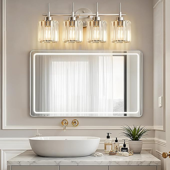 EJIAXIN Crystal Bathroom Vanity Lights, 4 Light Bath Mirror Light Brushed Nickel Round Crystal Wall Mount Light Fixture Over Mirror Morden for Living Room