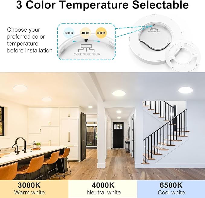 libtit 6 Pack 7 Inch Led Ceiling Light Flush Mount, 15W 1500Lm Ceiling Light Fixtures, 3000K/4000K/6500K Color Options, Round Surface Mount Led Light Fixtures for Hallway Laundry Garage