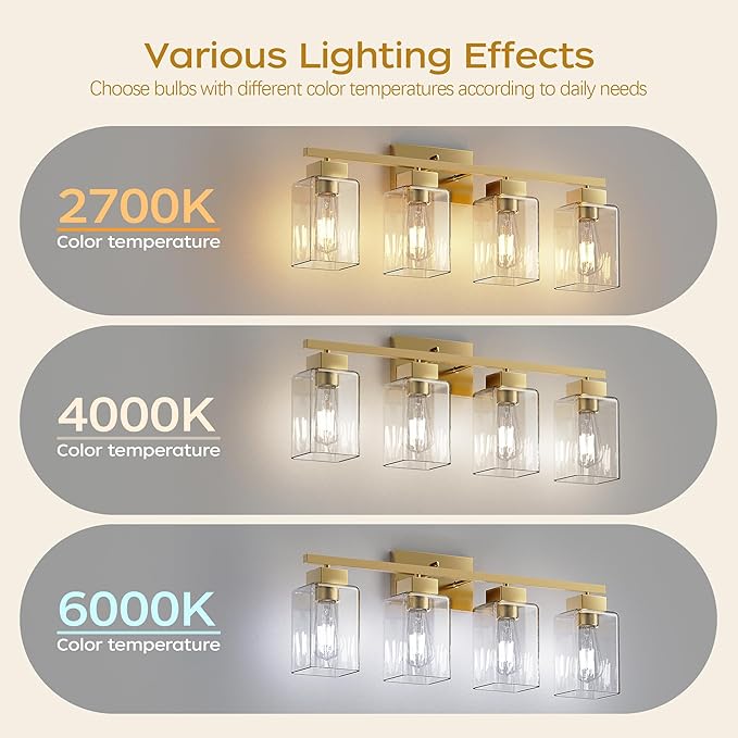 PARTPHONER 4-Light Bathroom Light Fixtures, Brushed Gold Modern Vanity Lights, Bathroom Lighting Fixtures Over Mirror, Square Design Farmhouse Wall Sconces with Clear Glass Shades