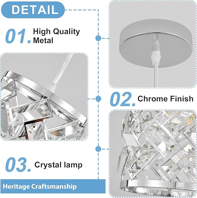 Chrome Pendant Lights Kitchen Island, Mini Crystal Modern Kitchen Pendant Lighting Over Sink with 10.2" Clear Glass Shade Chandeliers, Adjustable Pendant Light Fixture for Dinning Room Bedroom