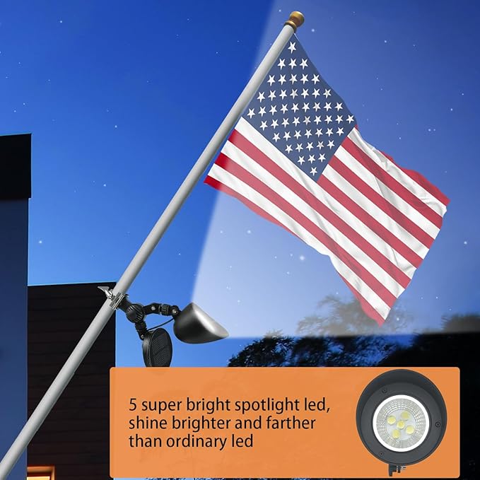 Solar Flag Pole Light, 360°Adjustable Flagpole Light Solar Powered with 5 Super-Bright Led, Dusk to Dawn, Fits 1”-1.5” in Diameter Outdoor Wall-Mounted Spinning Flagpoles