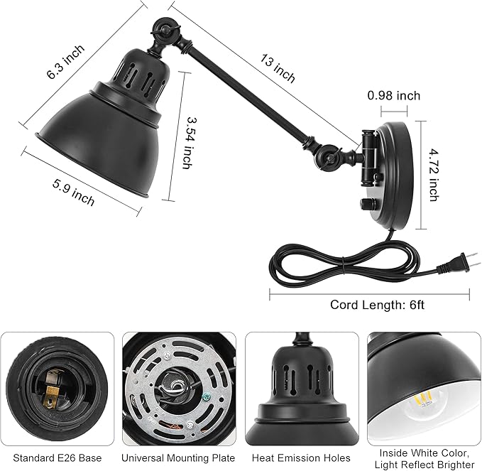 GOODATE Plug in Wall Sconces, Wall Sconce Lighting with Dimmable On Off Switch, Swing Arm Wall Lamp, Black Metal Industrial Wall Light Fixtures, Safety E26 Base, 6FT Plug in Cord