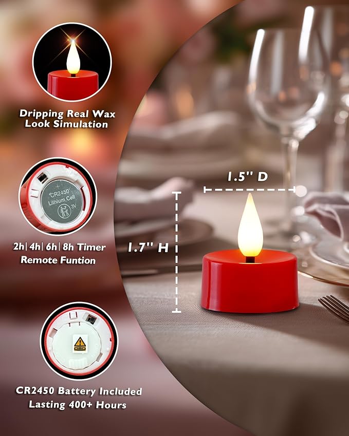 Amagic Flameless Red Timer Remote Tealights Candles, 3D Black Wick Flickering Tea Lights, 300+Hour Colored Votive Candles Battery Operated, Set of 12 for Table Decorations,Halloween, Christmas, Party