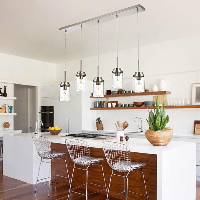 MELUCEE 5 Lights Kitchen Island Lighting Modern Linear Chandeliers for Dining Room, Industrial Brushed Nickel Pendant Light Fixtures Ceiling Hanging with Clear Glass Shade, 37.0 Inches Length