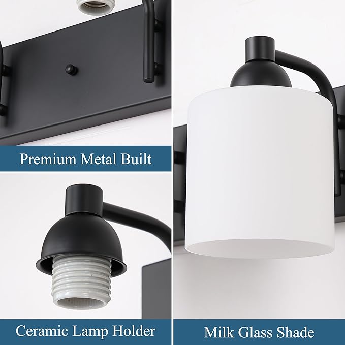 Mecgirn Milk Glass Vanity Lights for Bathroom, 3 Light Matte Black Bathroom Light Fixtures Over Mirror, Ceramic E26 Sockets Wall Mounted