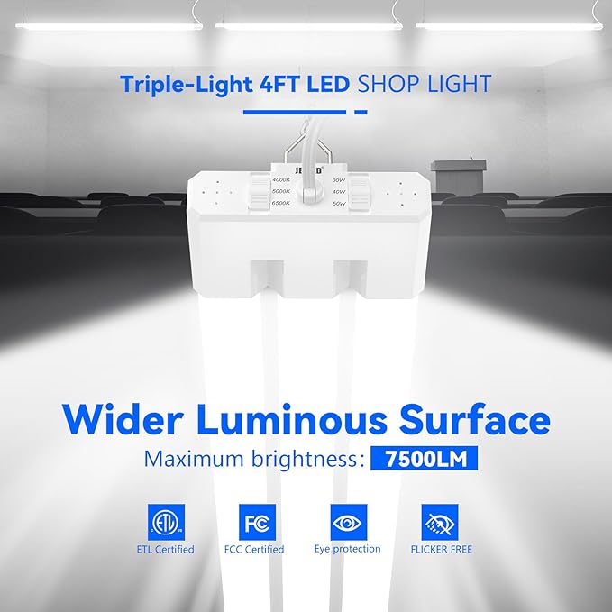 JESLED 4FT LED Shop Lights, 4000K/5000K/6500K Selectable, 30W/40W/50W Adjustable, 5400-7500LM, Commercial Linkable Utility LED Light for Garage, Plug and Play, Ceiling & Suspension Mount, ETL,1P