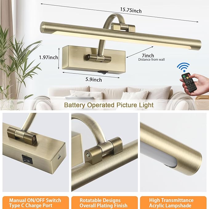 Tassuowell LED Picture Lights for Wall Rechargeable, Battery Operated Art Light for Paintings Wireless,15.7inch Antique Bronze Gallery Light for Artwork