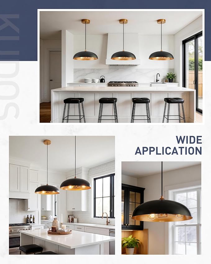 kudos 3-Light Pendant Lights, Modern Pendant Lights Kitchen Island with Matte Black Metal Finish and Gold Interior, Hanging Lamp with Adjustable Cord for Hallway Kitchen Bar Bedroom, KDPL02-BKE
