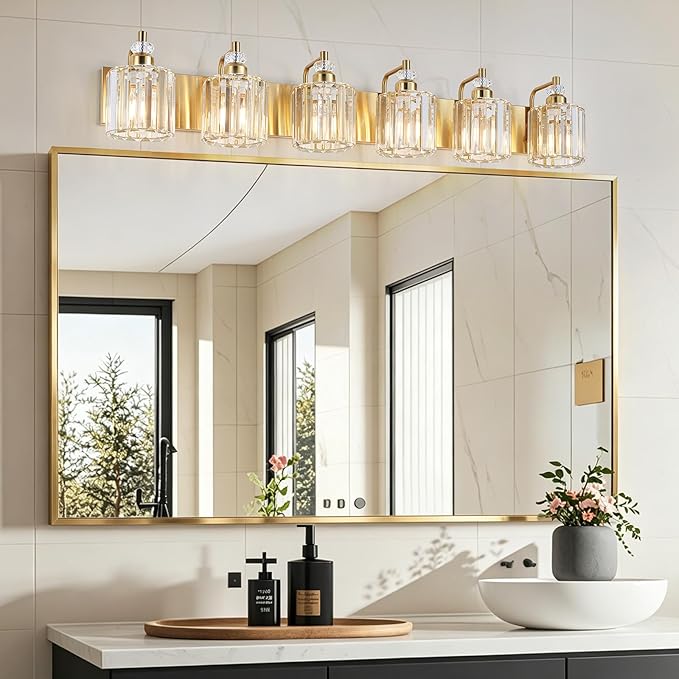 6-Light Modern Vanity Lights Brushed Brass Bathroom Light Fixtures Over Mirror Gold Bathroom Vanity Lighting with Crystal Shade E26 Base Wall Sconce for Bedroom Living Room Restroom Wall Lamp