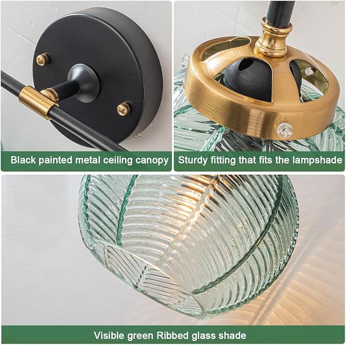 3-Light Bathroom Vanity Lights Vintage Bathroom Sconce Lights with Green Ribbed Glass Shade Mid Century Modern Light Fixture Art Deco Wall Lamp Mirror Over Vanity Light fixtures