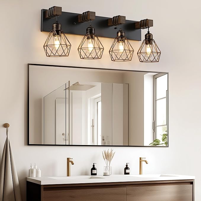 Black Gold Farmhouse Bathroom Light Fixtures, 4-Light Bathroom Lighting Fixtures Over Mirror, Rustic Wood Vanity Lights Wall Sconces with Metal Lampshade for Living Room