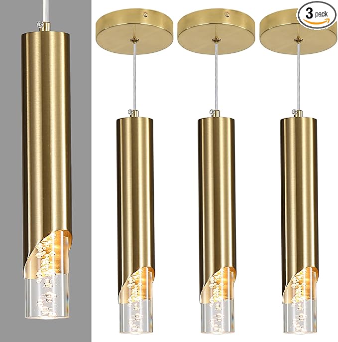3 Pack Modern Gold Pendant Light Fixture, Acrylic Bubble Cylinder Hanging Lights, 3 Color Temperatures, Minimalist Ceiling Chandelier Lighting for Dining Room, Bedroom, Hallway, Bar, Kitchen Island