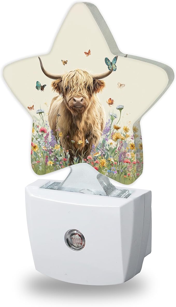 Highland Cow Nightlights Plug in Wall,Flower Butterfly Decorative Star Lamp with Automatic Lighting for Living Space,Gentle Glow for Kids Room,Hallway,Bathroom