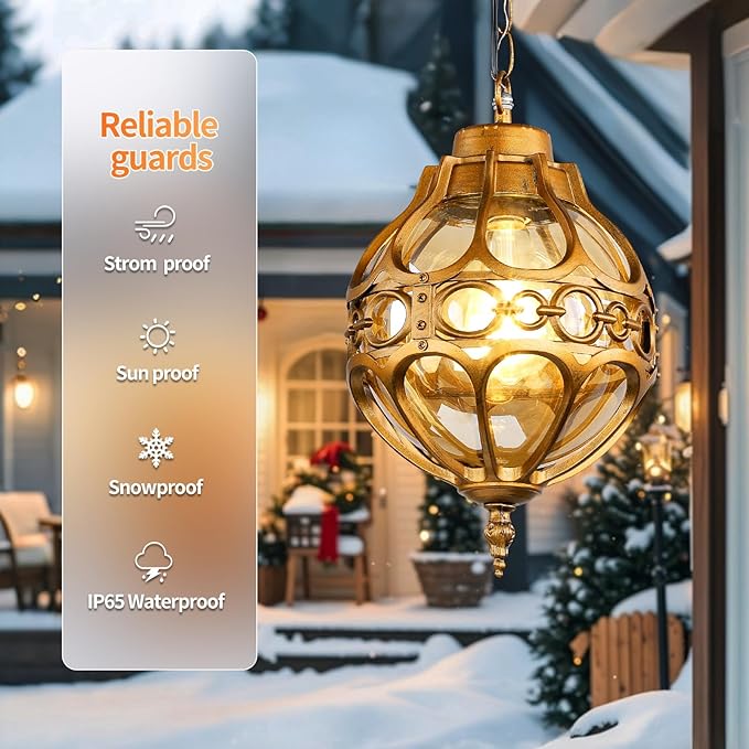 Globe Outdoor Pendant Lights,Vintage Exterior Hanging Pendant Light Fixtures with Adjustable Chain, Aluminum Brass Outdoor Chandelier for Porch, Gazebo, Entryway,No Sensor,General