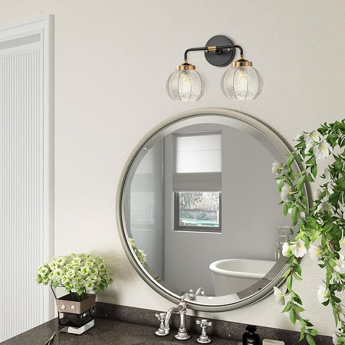 2 Light Bathroom Vanity Light Clear Glass Globe Wall Sconce Lights Black Wall Mount Light with Ribbed Glass Shade, Mid Century Modern Wall Sconce for Over Mirror Bedroom Hallway