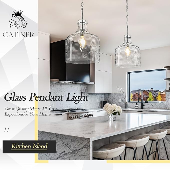 CATINER Extra Large 16" Vintage Farmhouse Pendant Light – Hand-Blown Clear Hammered Glass Shade, Adjustable Chain Hanging Light for Kitchen Island, Hallway, Dining Room, Chrome