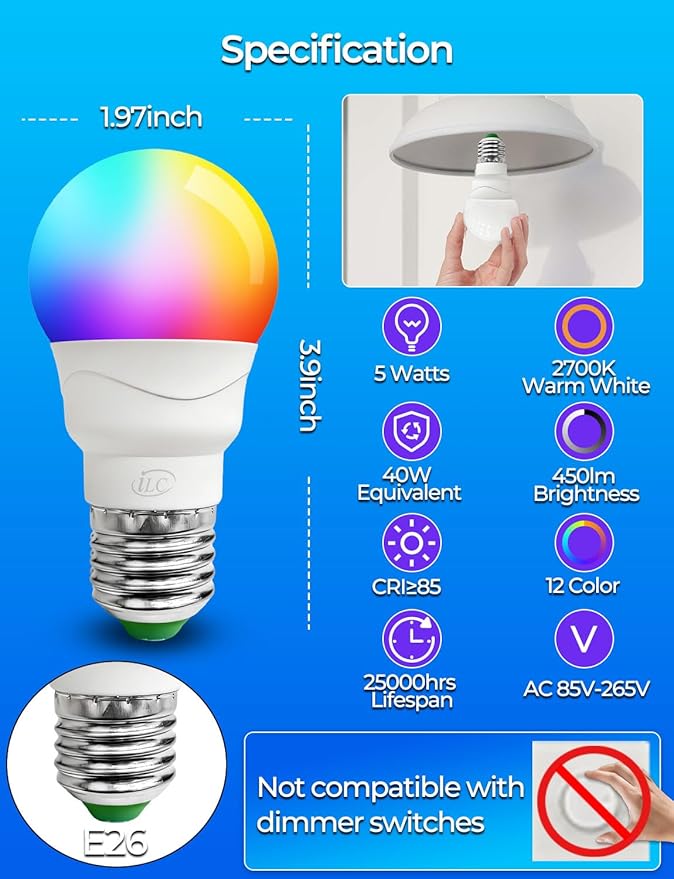 ILC RGB LED Light Bulb, Color Changing Light Bulb, 40W Equivalent, 450LM, 2700K Warm White 5W E26 Screw Base RGBW, A15 Color Lights Bulb - 12 Color Choices - Timing Infrared Remote Control (4 Pack)