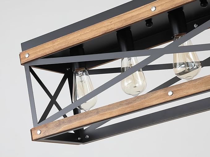 Rustic Farmhouse Wood Kitchen Island Lighting, 5 Lights Rectangular Pendant Light Fixture, Adjustable Chain Oak Wood and Metal Linear Chandelier for Dining Room Kitchen Island Farmhouse, Black