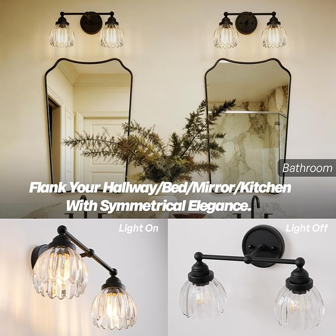 Vintage Double Arm Tulip Glass Wall Sconce Lighting, 2-Lights Bathroom Vanity Light Fixture for Hallway Bedroom Living Room Bedside Nightstands Lights