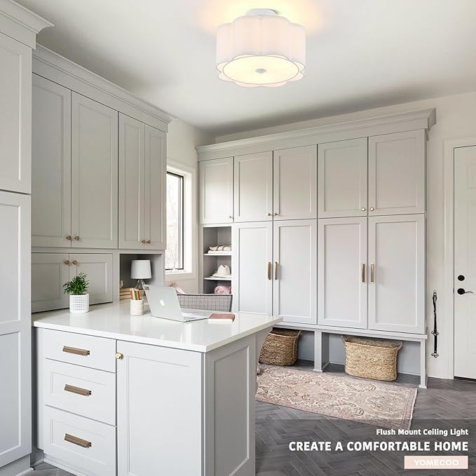 Drum Semi Flush Mount Ceiling Light, White Linen Fabric Shade Ceiling Light, Modern Farmhouse Close to Ceiling Light for Bedroom, Hallway, Living Room, Dining Room, Laundry Room