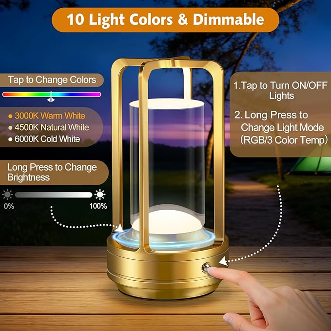 Portable Table Lamp for Outdoor Indoor: Cordless Rechargeable Desk Lamp with 10 Colors - Shower Lamp with Stepless Dimmable - Metal Battery Operated Lantern Light for Bedroom/Bar/Coffee Shop/Camping