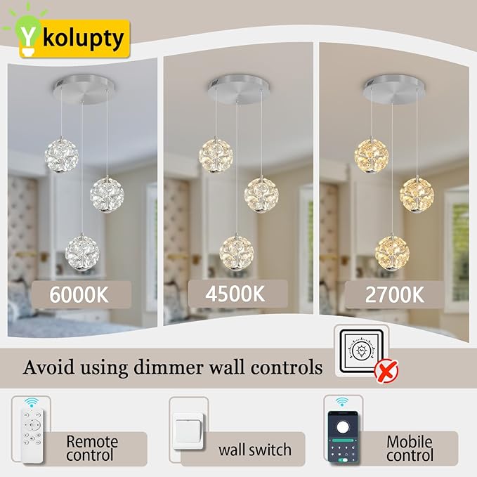 ykolupty Silver Dining Room Chandelier Light Fixture 3-Light Crystal Globe Pendant Lighting Modern Kitchen Island Cluster Hanging Pendant Lights LED Dimmable 2700-6000K