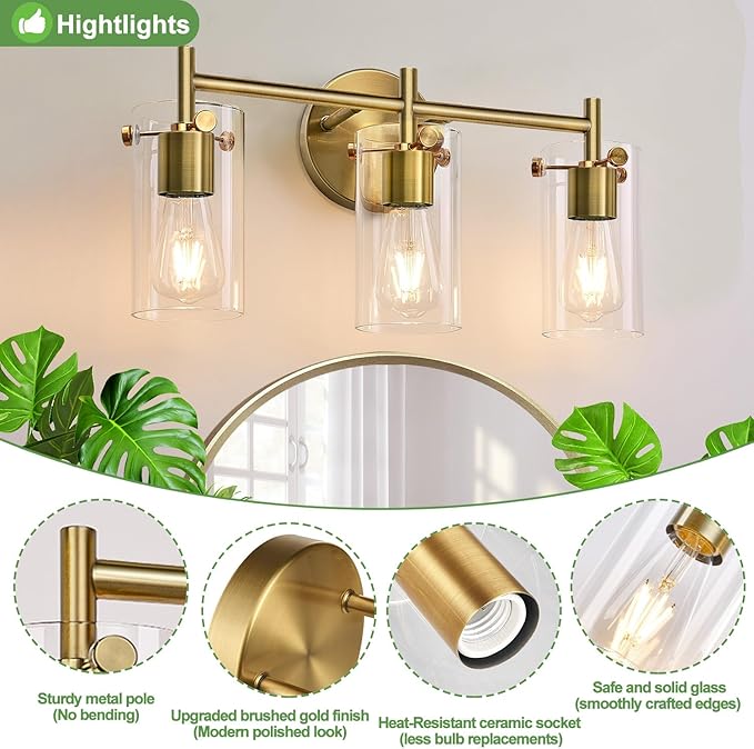 Indoi Bathroom Light Fixtures, 3-Light Brass Vanity Light, Black Bathroom Lights Over Mirror with Clear Glass Shade, Wall Sconces for Mirror Bedroom Living Room Hallway