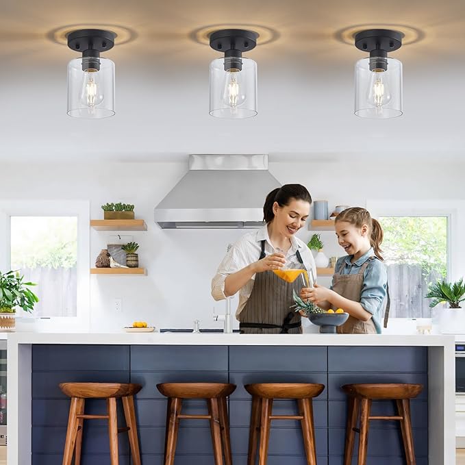YYT Small Kitchen Ceiling Lights Black Hallway Light Fixtures Hallway Light Fixtures Ceiling Black 1-Light Semi Flush Mount Ceiling Light Single Light Fixture with Clear Glass Shade Pack of 3