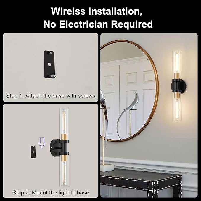 SANTOSTOCK Battery Operated Wall Sconce Set of 2, 12000mAh Rechargeable Wall Lights with Remote Control, Wireless Dimmable Wall Lamps for Bedroom Living Room Bathroom Hallway Stairwell, Black & Gold