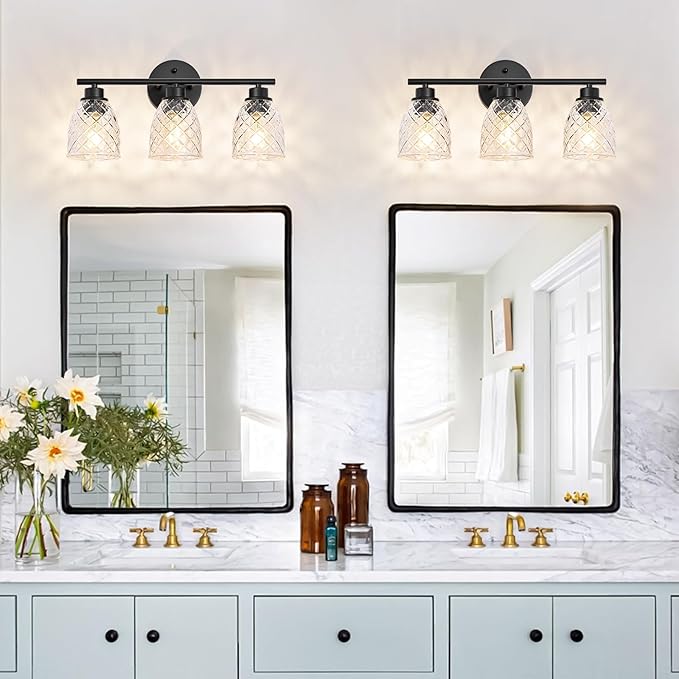 3-Light Bathroom Light Fixtures, Modern Black Vanity Light Over Mirror, Wall Sconce with Clear Hammered Glass Shades, E26 Base (Bulbs Not Included)