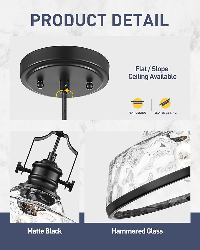 kudos 2 Pack Pendant Lights Kitchen Island, 11" Black Kitchen Island Lighting with Clear Hammered Glass Shade, Farmhouse Large Hanging Light Fixture for Kitchen Sink Dining Room, KDPL13-BK-H-2PK
