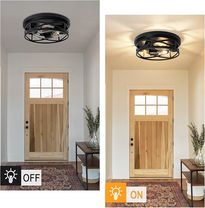 3-Light Flush Mount Ceiling Light Fixture, Farmhouse Ceiling Lights for Kitchen, Modern Black Close to Ceiling Light for Hallway Bedroom Balcony Porch Stairway, E26, (2 Pack)