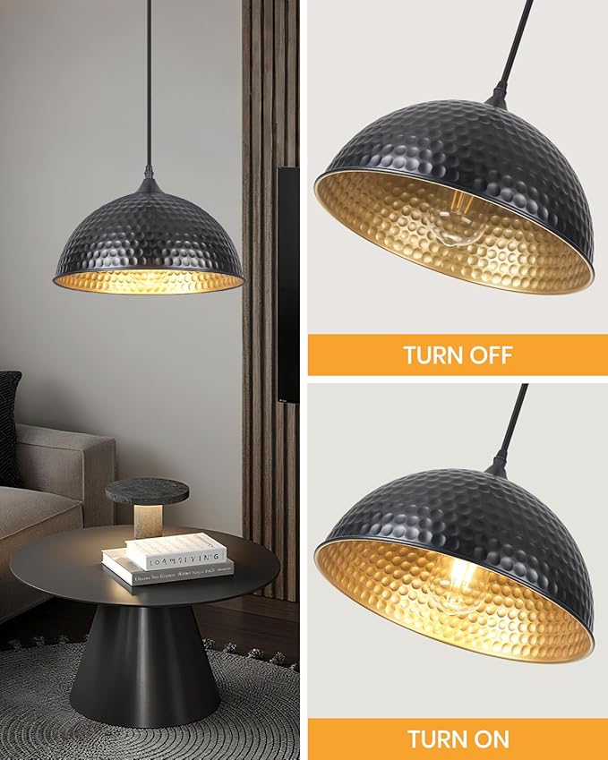 Black Pendant Lights Kitchen Island 12 Inch, Vintage Hammered Pendant Light Fixtures Adjustable Height Dome Pendant Light for Dining Room Bedroom Bar