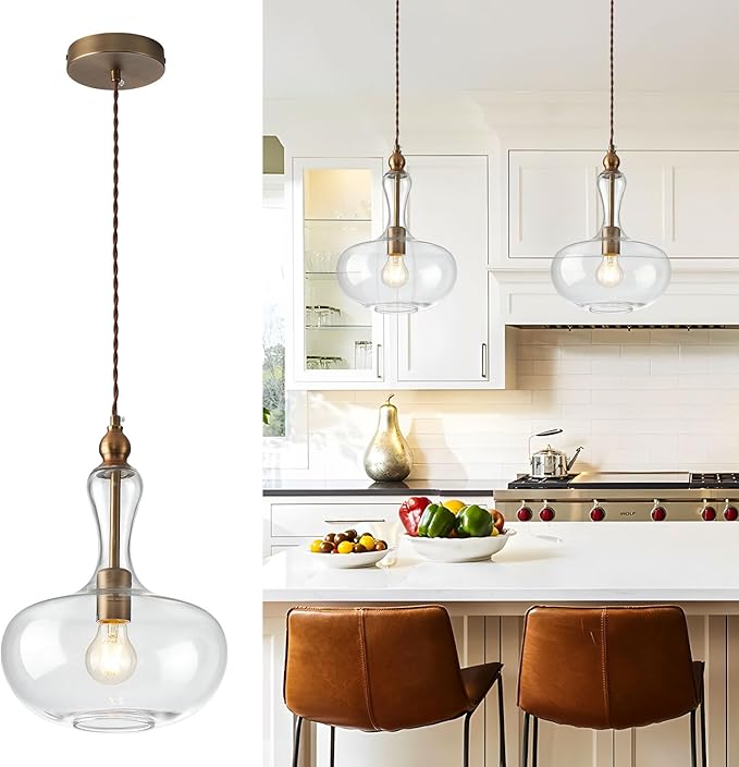 Glass Pendant Light Vintage Brass Kitchen Island Pendant Light with Clear Glass Shade for Dining Room Kitchen Entrance Stairs