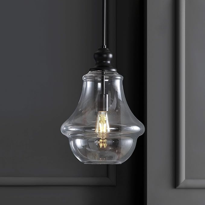 JONATHAN Y 12" Oil Rubbed Bronze 1-Light Iron and Glass Pendant Light, Adjustable Height Schoolhouse for Kitchen Island Foyer, Farmhouse Rustic Style, LED Bulb Included JYL9046B