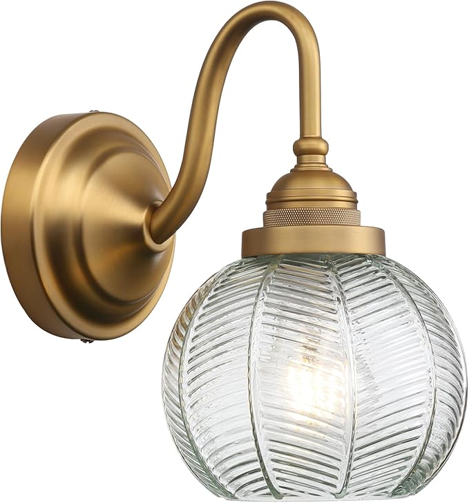 PERMO Vintage Wall Sconce with Clear Ribbed Glass Shade Retro Gold Sconce Bronze Bathroom Wall Light for Loft Kitchen Living Room Bedroom Hallway Doorway