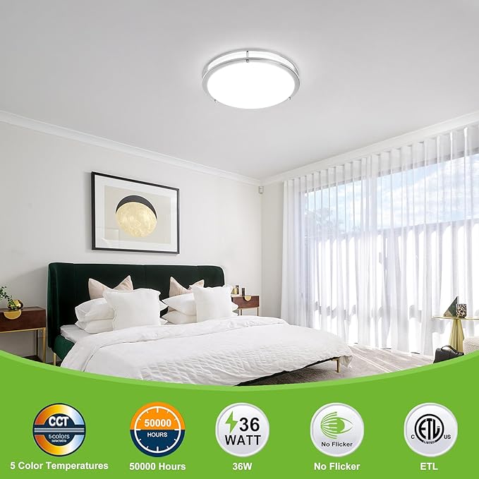 hykolity 16 inch Dimmable LED Flush Mount Ceiling Light Fixture, 36W, 2200LM, 2.7/3/3.5/4K/5K Adjustbale, 120°Light Angle, CRI90, Ceiling Lamp for Bedroom, Kitchen, Office, ETL Listed, Brushed Nickel