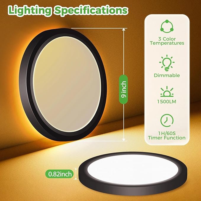 zemty 9 Inch LED Ceiling Light with Night Light 1800K, 3000K/4000K/6500K Dimmable Light Fixtures with Remote Control,15W 1500lm Flush Mount Ceiling Lamp for Bedroom LivingRoom Bathroom Kitchen-Black