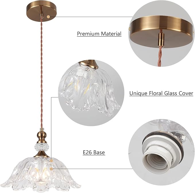 Vintage Small Glass Pendant Light Fixtures for Kitchen Island 10.6" Farmhouse Brass Gold Adjustable Hanging Ceiling Light for Bedroom Coffee Shop Dining Room Sink Table