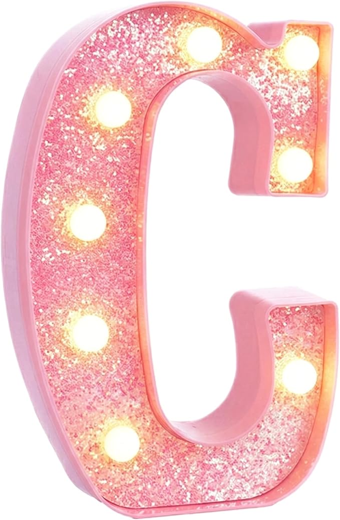 Pink Marquee Light Up Letters, Glitter Alphabet LED Letter Lights for Pink Birthday Party Decorations, Battery Operated Letter Sign for Girls Room Vanity Table Decor, Warm White Lights Letter C