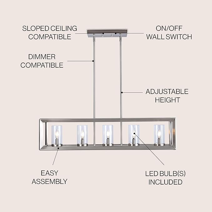 JONATHAN Y 38.5" Nickel Linear 5-Light LED Chandelier, Adjustable Clear Glass Shades Modern Pendant Light Fixture for Kitchen Island, Dining Room, ETL Listed (JYL7414B)