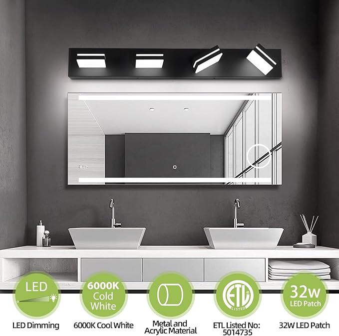 OKELI 4 Light Bathroom Vanity Light Matte Black Modern 32W LED Dimmable Vanity Light Over Mirror 350° Adjustable Lamp Head Cold White 6000K ETL Listed 30Inch