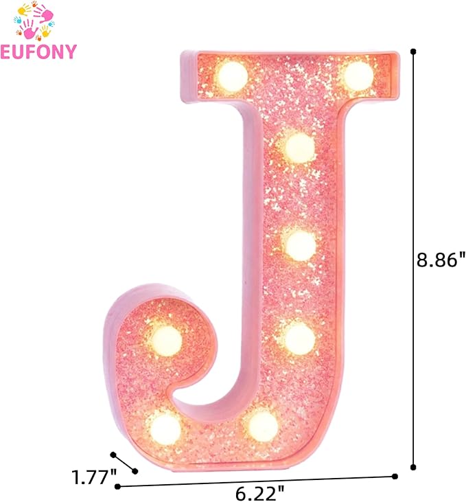 Pink Marquee Light Up Letters, Glitter Alphabet LED Letter Lights for Pink Birthday Party Decorations, Battery Operated Letter Sign for Girls Room Vanity Table Decor, Warm White Lights Letter J
