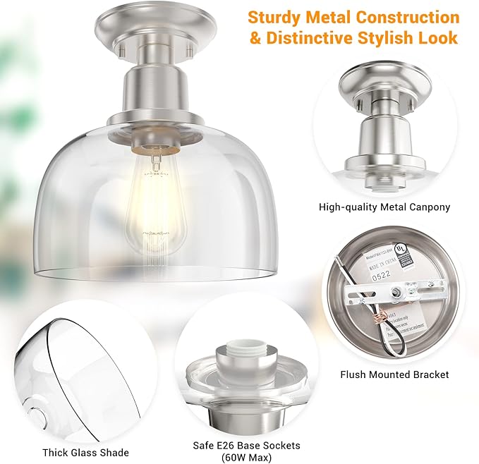 EAPUDUN Semi Flush Mount Ceiling Light, Modern Light Fixture with Clear Glass Shade, Brushed Nickel Finish for Hallway Corridor Kitchen Bathroom Bedroom Passway, FMA1123-BNK