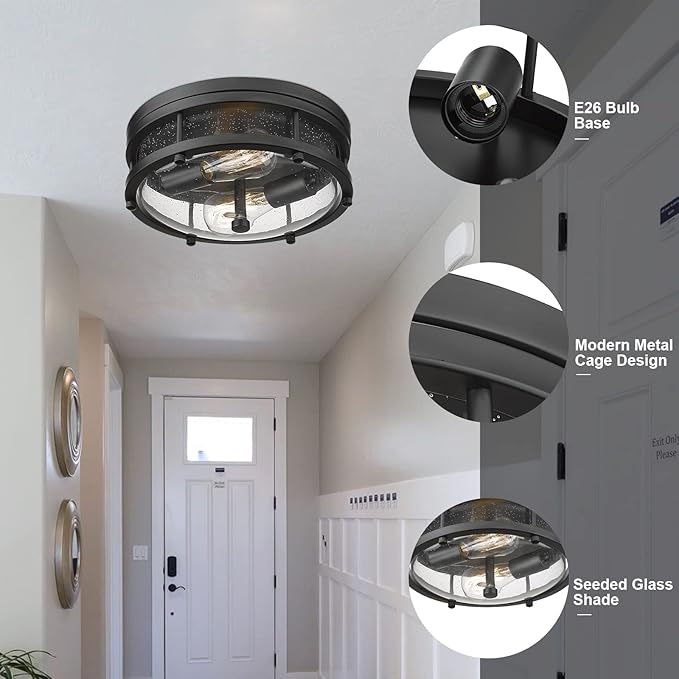 Flush Mount Ceiling Light Fixture, Modern Farmhouse Semi Ceiling Light with Seeded Glass for Bedroom, Entryway, Kitchen Hallway, ROS90 BK