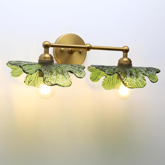Pathson 2-Lights Wall Sconce Green Petal Glass, Hardwired Double-Head Bathroom Sconces Boho Brass Vanity Light for Wall Decor Living Room, Kitchen Sink, Bedroom, Farmhouse