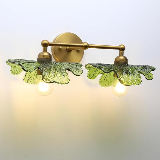 Pathson 2-Lights Wall Sconce Green Petal Glass, Hardwired Double-Head Bathroom Sconces Boho Brass Vanity Light for Wall Decor Living Room, Kitchen Sink, Bedroom, Farmhouse