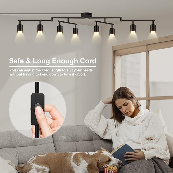 Plug in Track Lighting, LED Track Lighting Fixtures Ceiling, Black 8-Light Kitchen Light Kit, Plug in Wall Light with 14.8ft Power Cord, Rotatable Ceiling Spotlight for Bedroom(GU10 Socket, NO Bulb)
